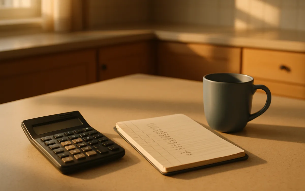 A calculator and a repayment table on a kitchen table, the arithmetic behind one monthly number