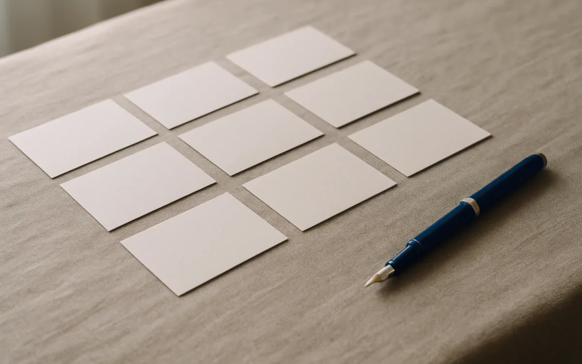 Index cards laid out in a row, one term to a card